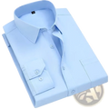 A crisp light blue men classic long sleeve business dress shirt with a classic collar and buttoned cuffs