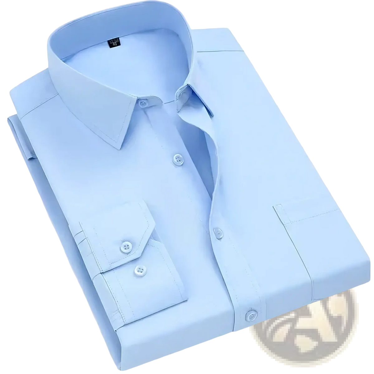 A crisp light blue men classic long sleeve business dress shirt with a classic collar and buttoned cuffs