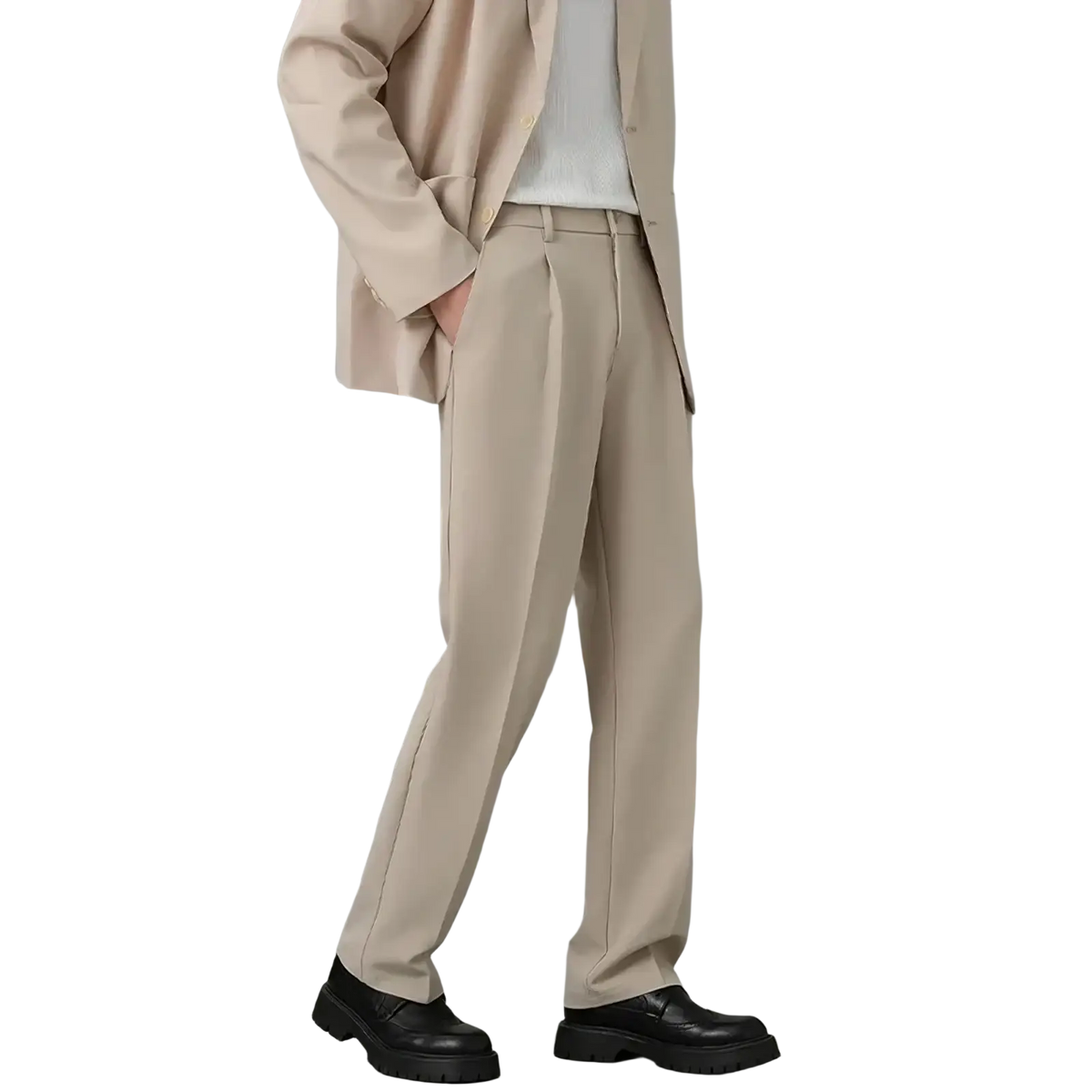 Men classic loose straight suit pants in beige pleated fabric with tailored fit and clean straight-leg cut