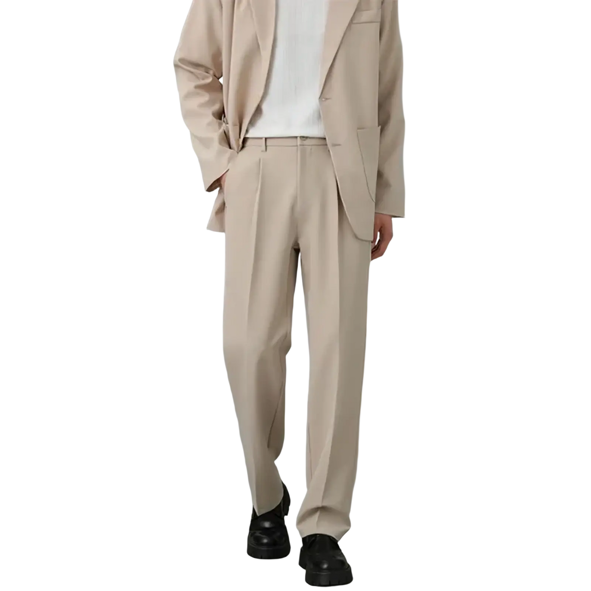 Men classic loose straight suit pants beige pleated trousers with relaxed fit paired with matching blazer and black loafers