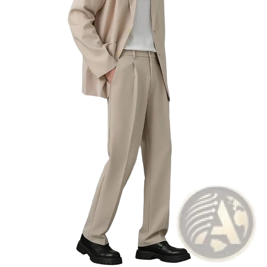 Men classic loose straight suit pants in beige pleated fabric with tailored fit and clean straight-leg cut