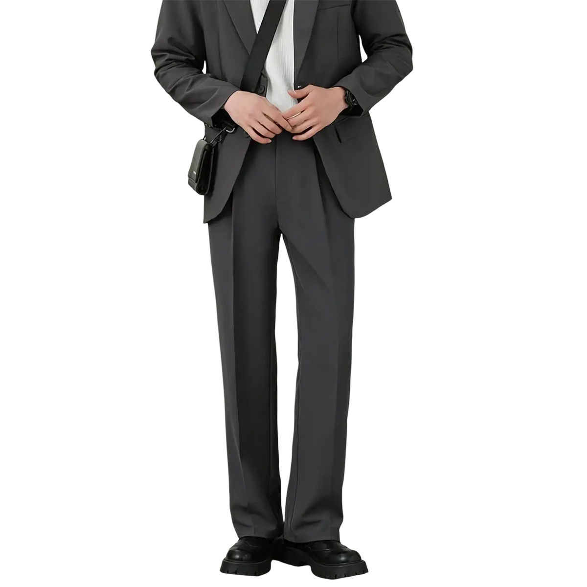 Men classic loose straight suit pants paired with a black leather crossbody bag featuring a minimalist design and adjustable strap