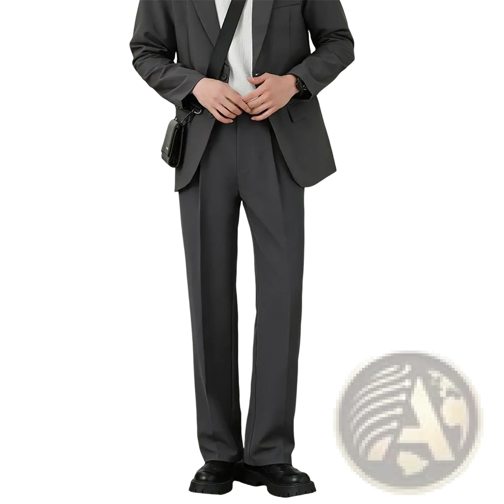 Men classic loose straight suit pants paired with a black leather crossbody bag featuring a minimalist design and adjustable strap