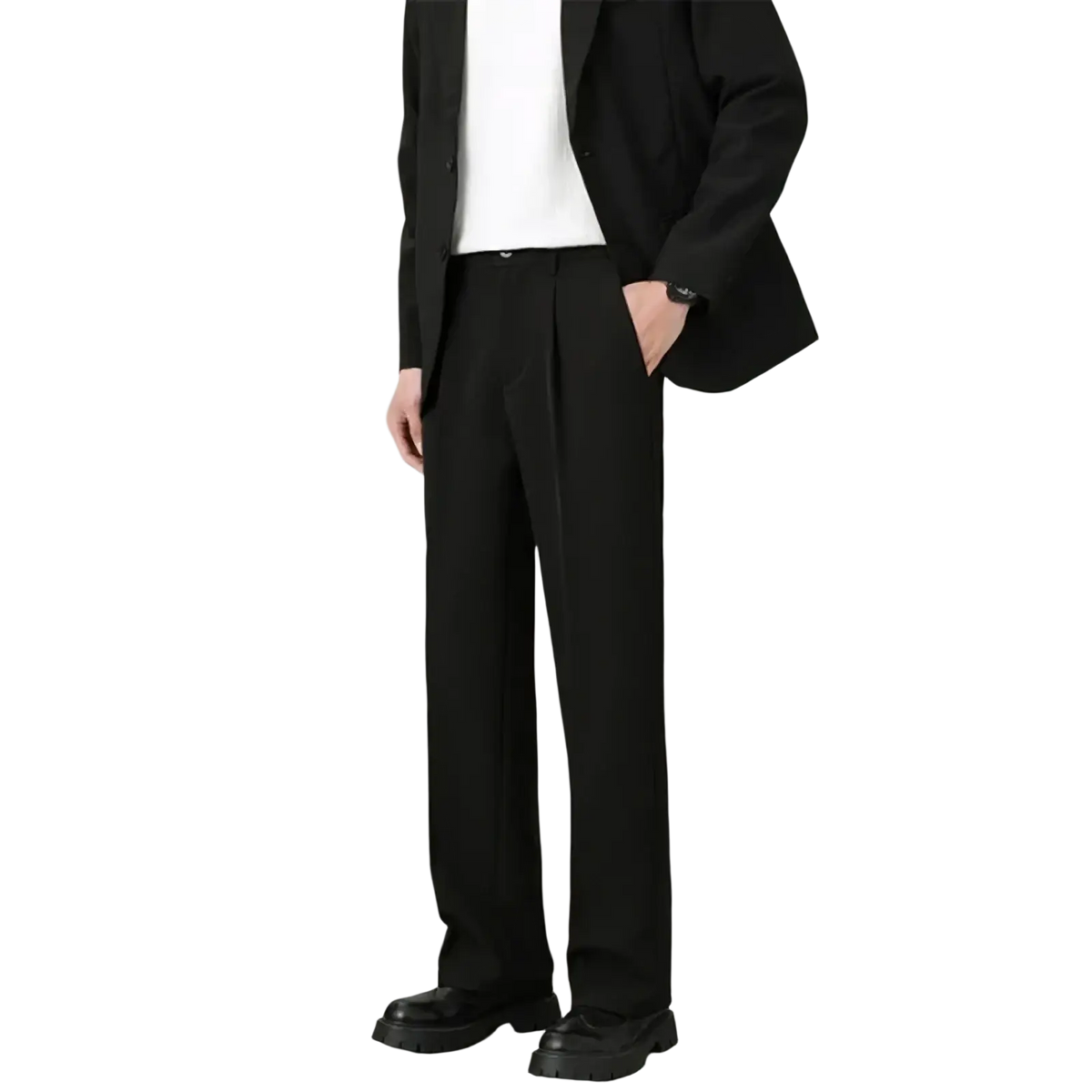 Men classic loose straight suit pants in black tailored fabric with a sleek straight-leg cut and subtle waistband pleats