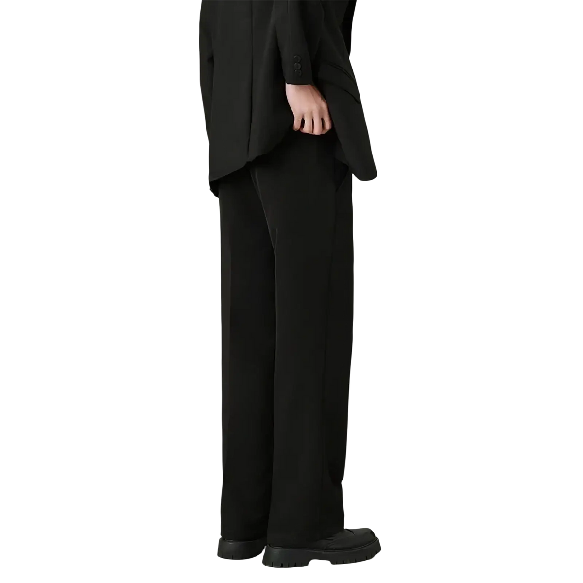 Men classic loose straight suit pants in black with wide-leg tailored fit made from sleek material