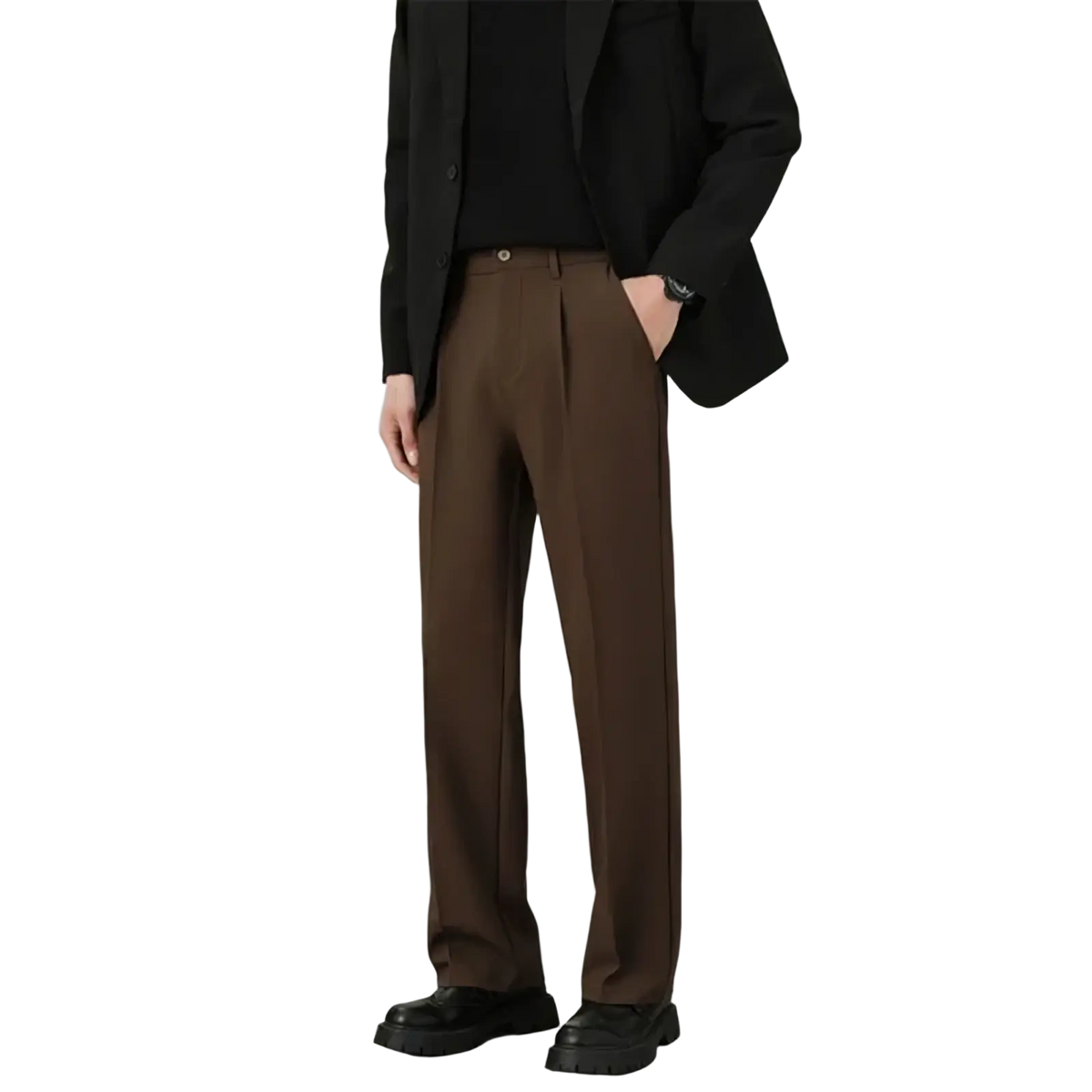 Men classic loose straight suit pants in brown pleated tailored fit made from smooth fabric