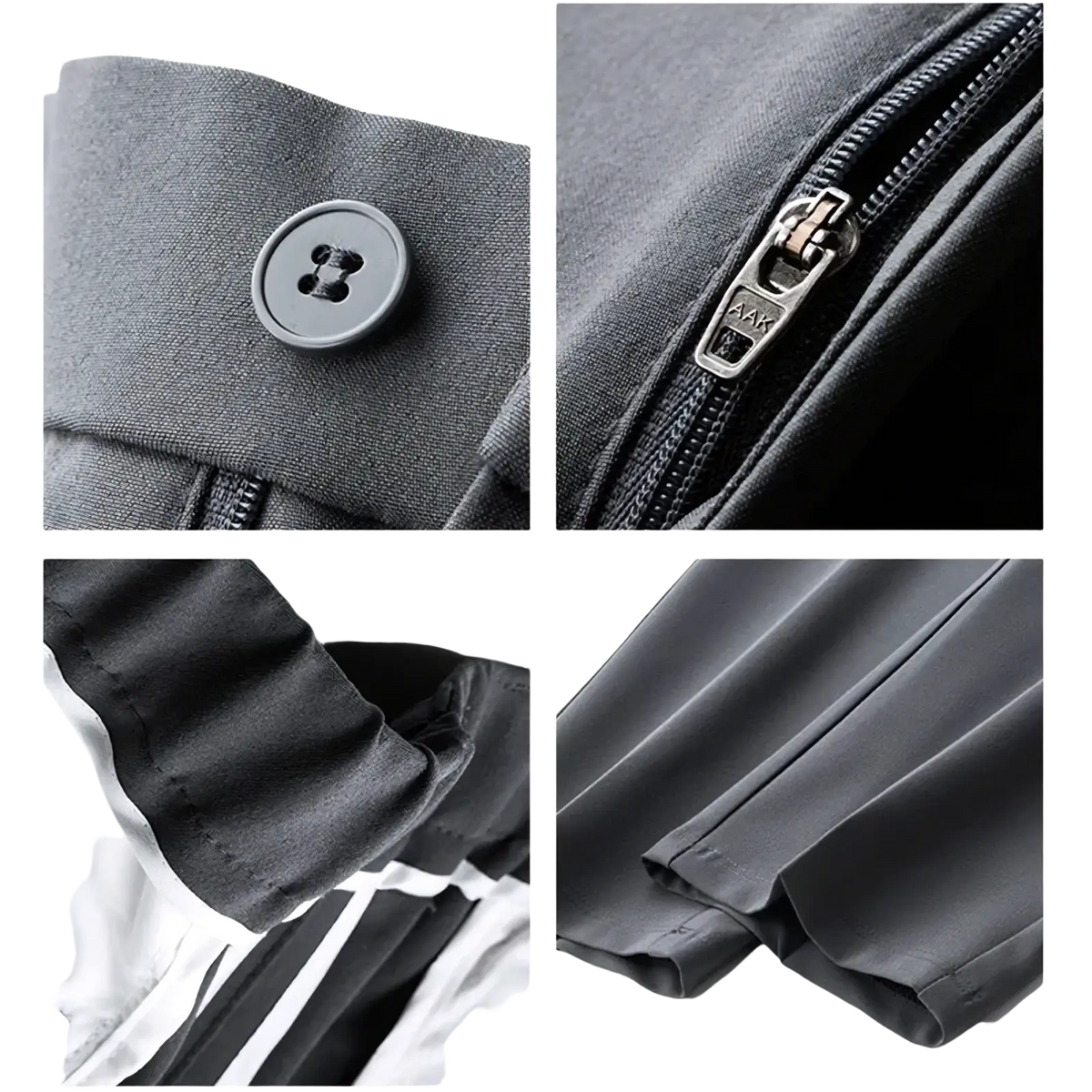 Men classic loose straight suit pants in dark gray featuring a sleek button closure and zipper detailing