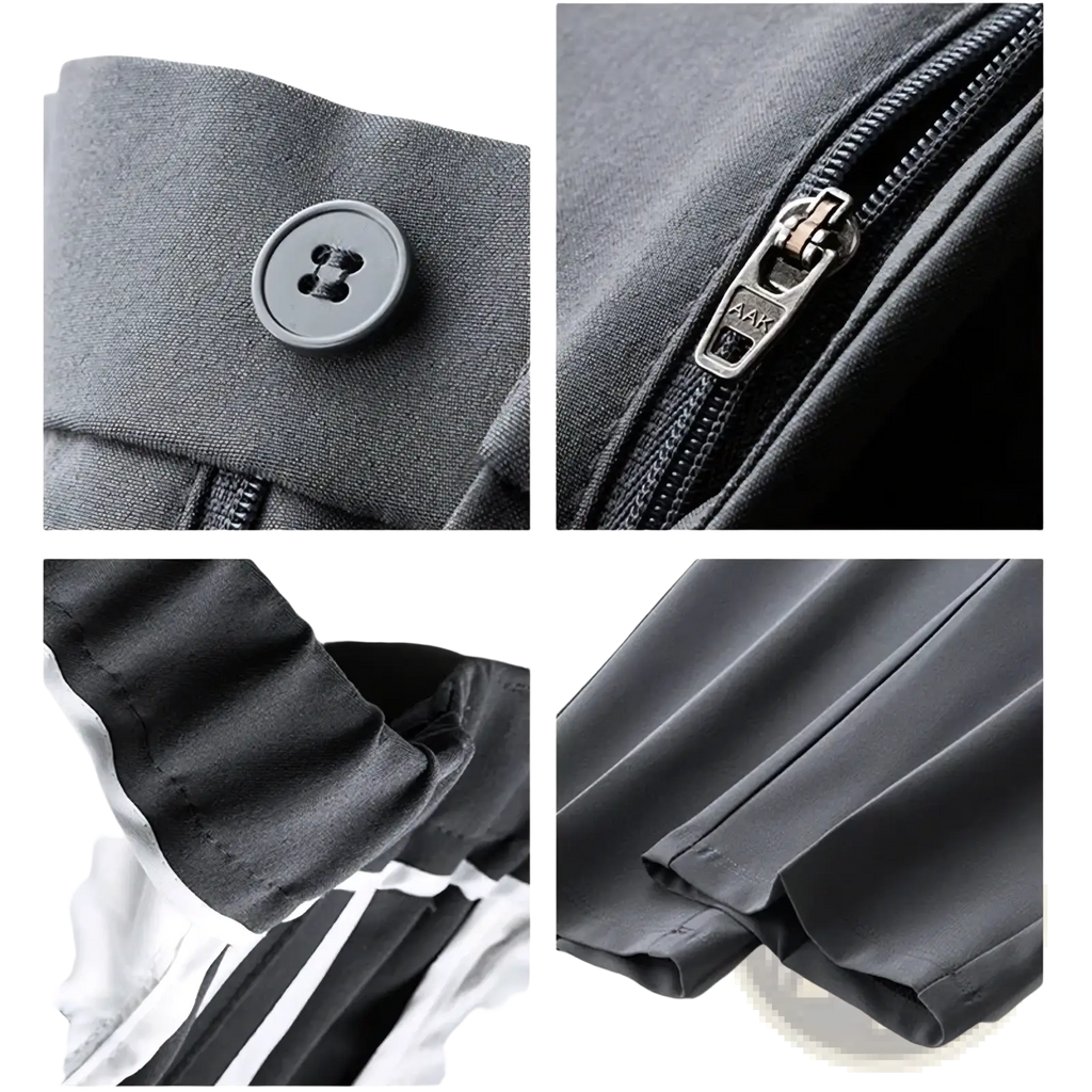 Men classic loose straight suit pants in dark gray featuring a sleek button closure and zipper detailing