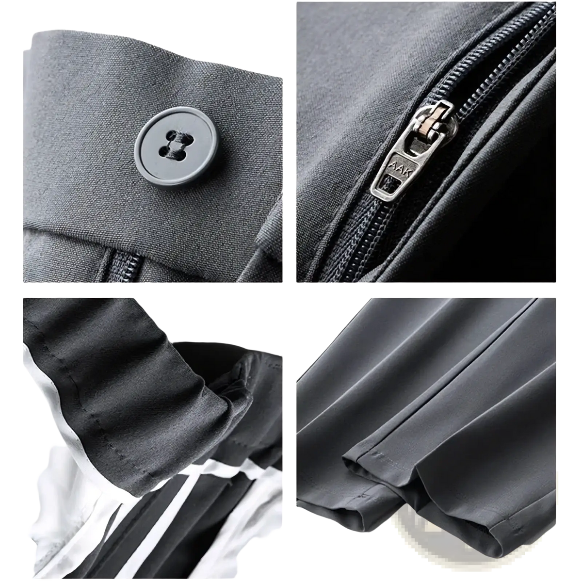 Men classic loose straight suit pants in dark gray featuring a sleek button closure and zipper detailing