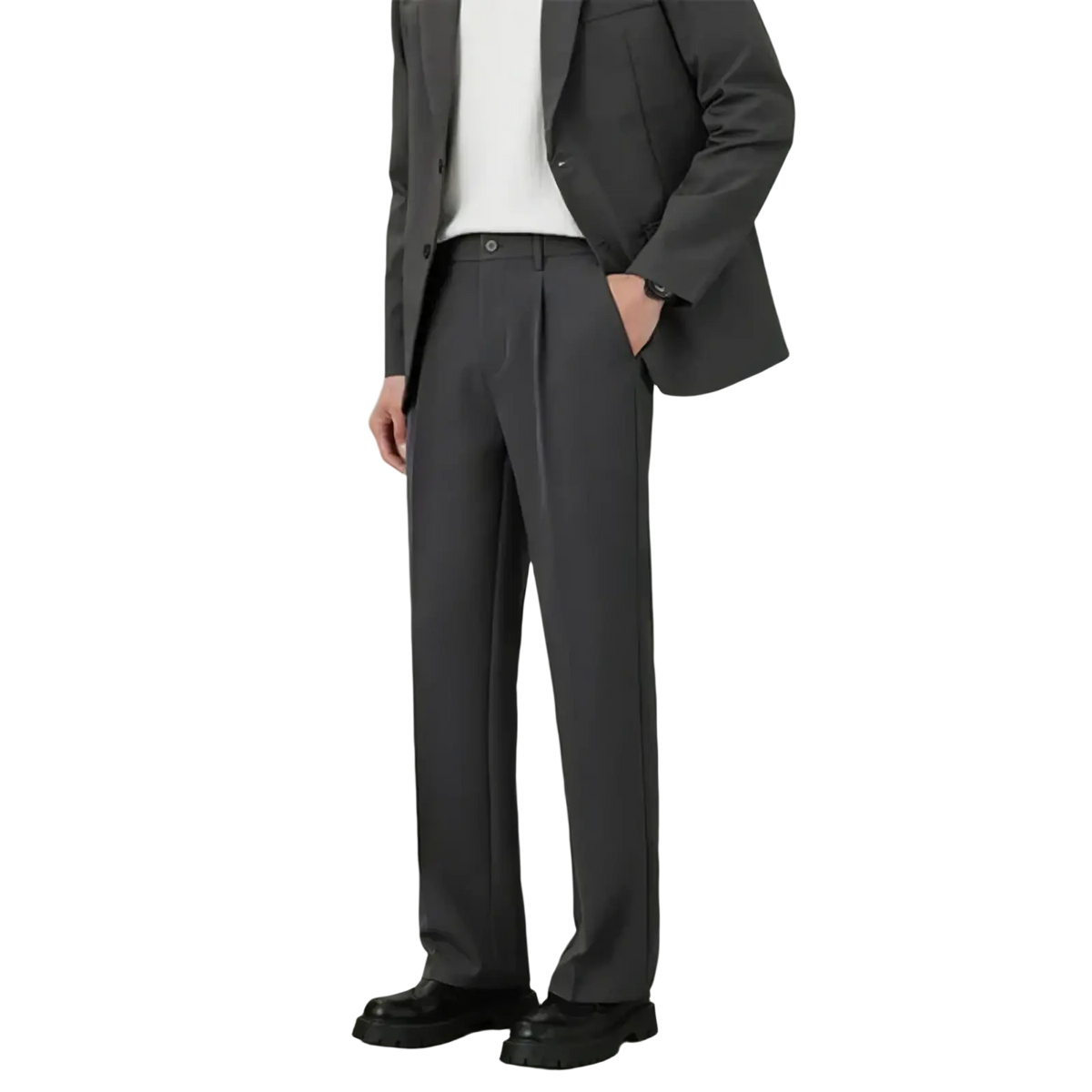 Dark gray pleated men classic loose straight suit pants with a sleek modern cut suitable for formal wear