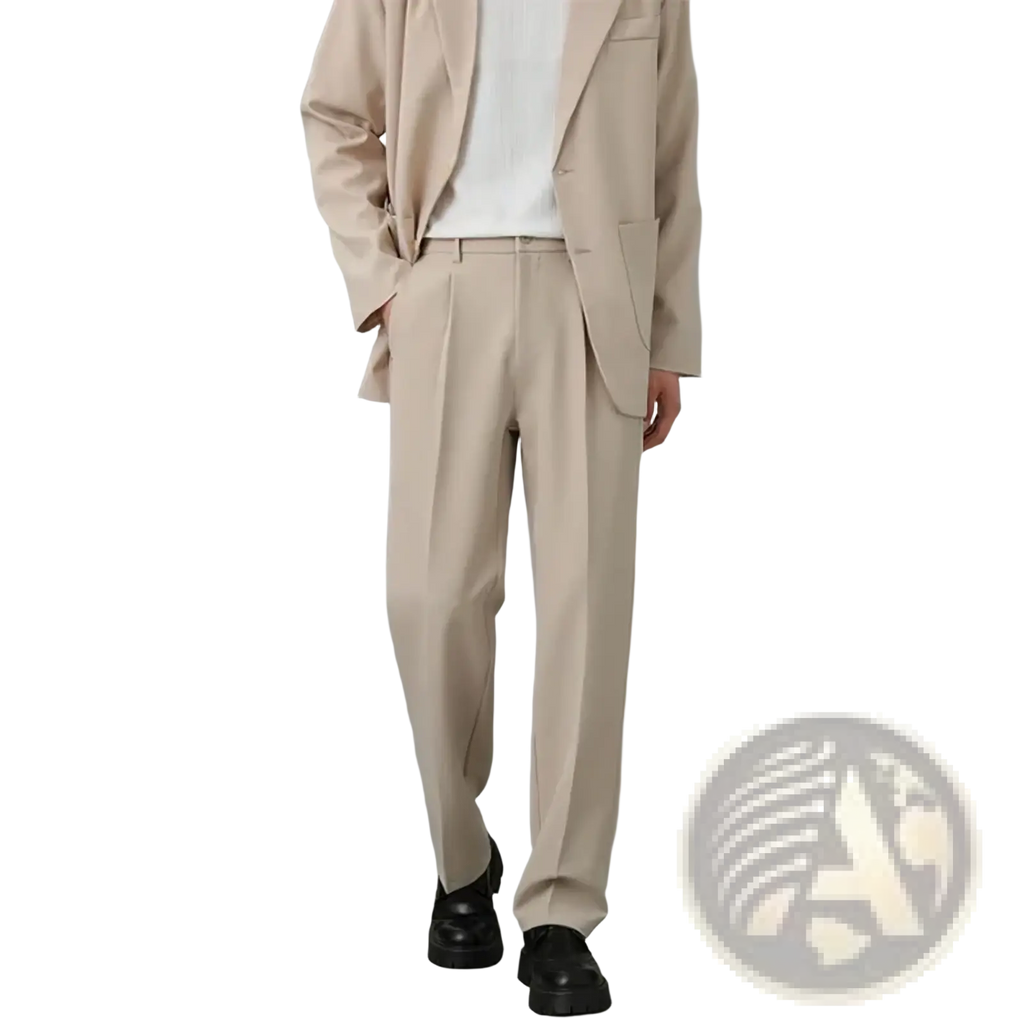Men classic loose straight suit pants beige pleated trousers with relaxed fit paired with matching blazer and black loafers