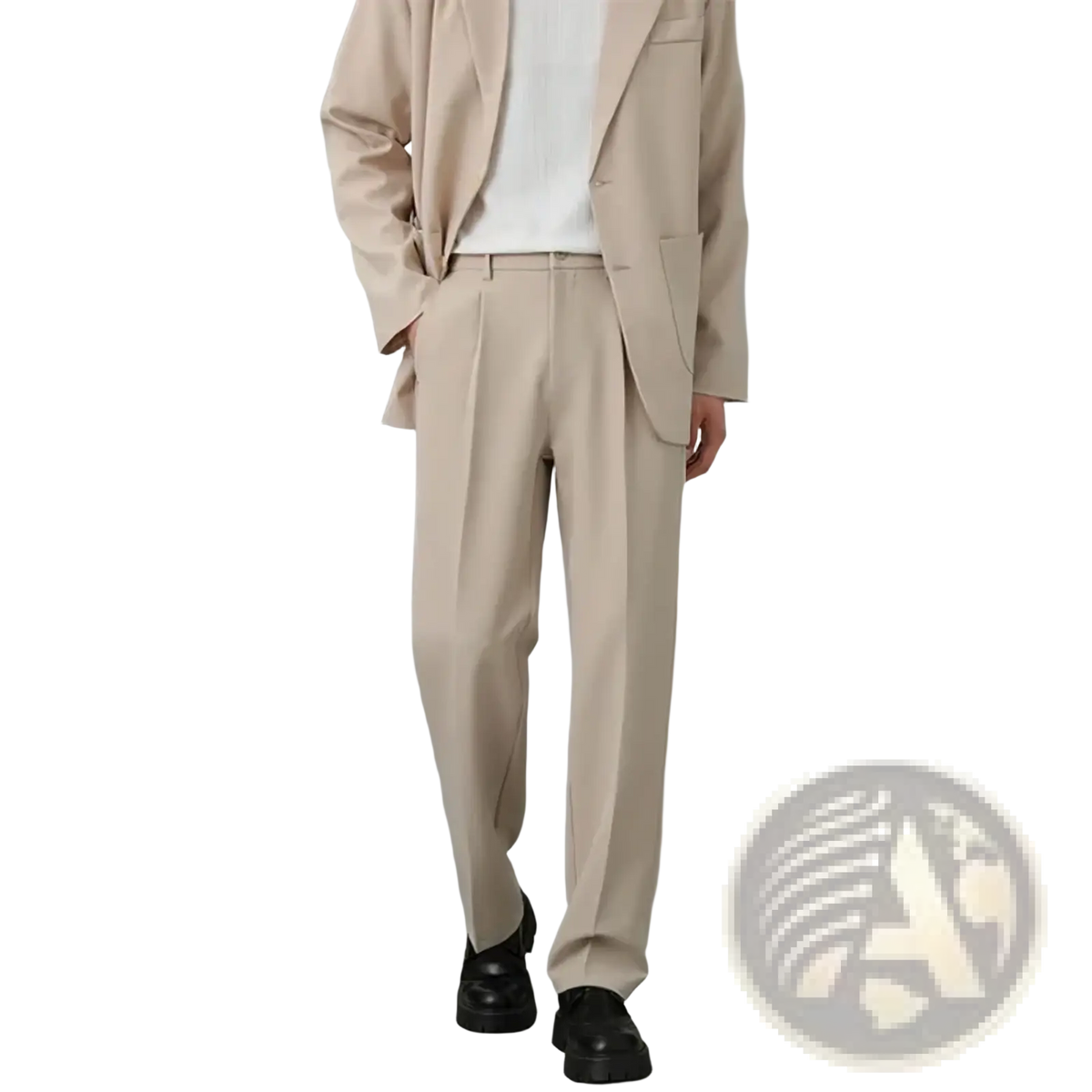 Men classic loose straight suit pants beige pleated trousers with relaxed fit paired with matching blazer and black loafers
