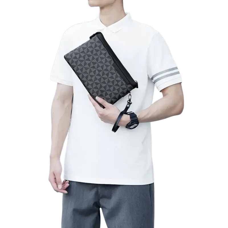 Black and gray pu leather men clutch bag with geometric pattern zipper closure and wrist strap showing pocket interior