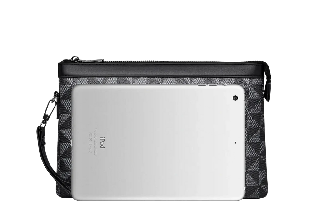 Men clutch bag pu leather with black and gray geometric pattern, black zipper top, wrist strap, and pocket interior for ipad