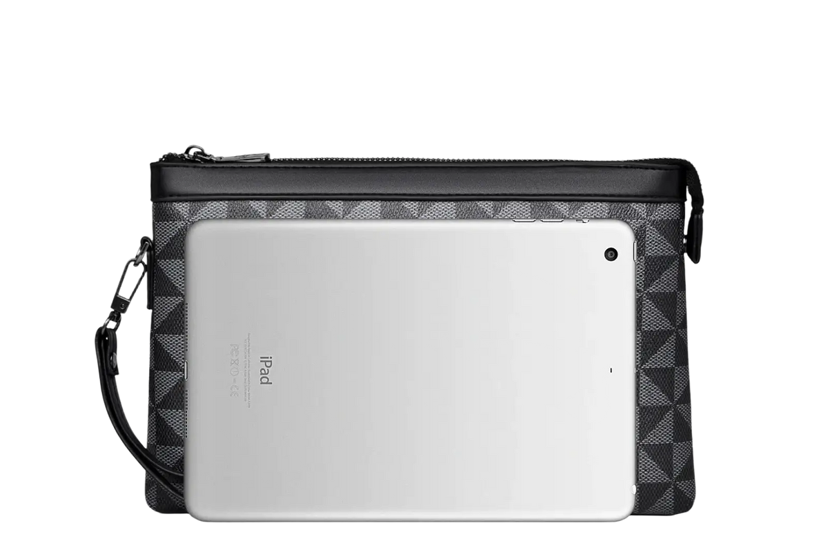 Men clutch bag pu leather with black and gray geometric pattern, black zipper top, wrist strap, and pocket interior for ipad