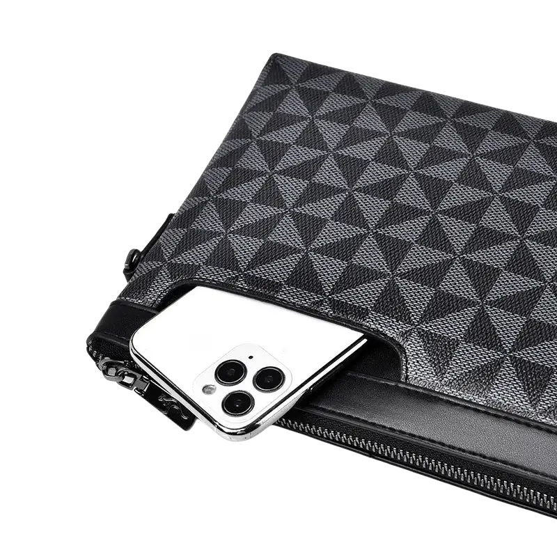 Men clutch bag in black and gray pu leather with geometric pattern and sleek textured surface showing pocket interior