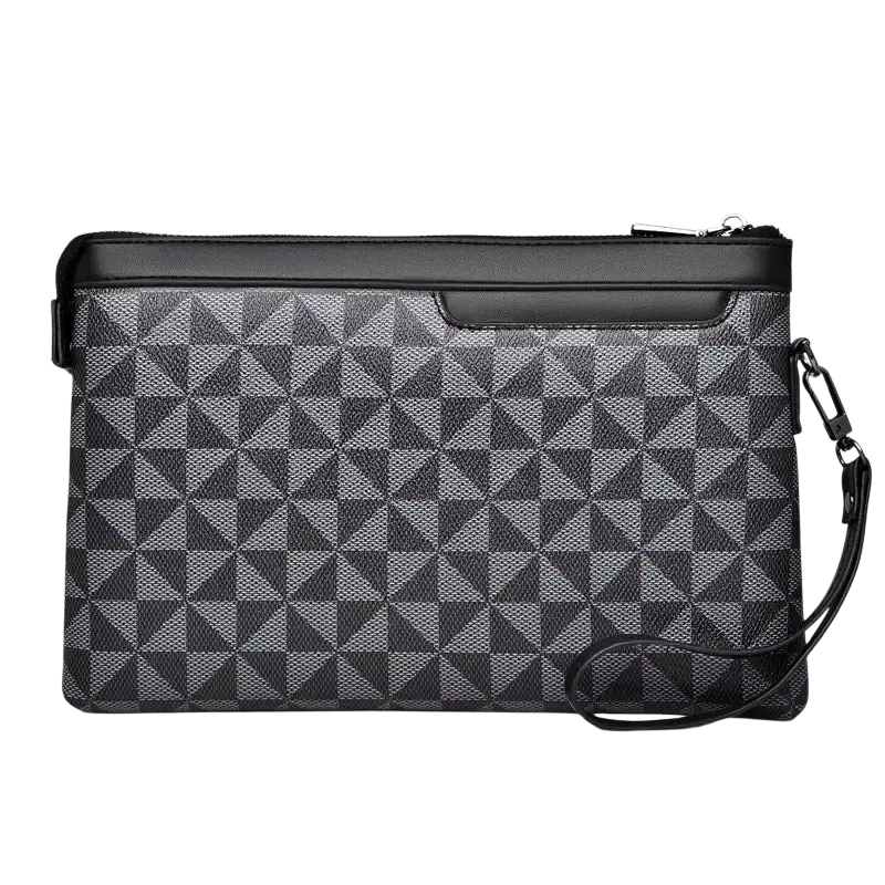 Men clutch bag in black and gray pu leather with geometric pattern zipper closure and adjustable strap pocket interior