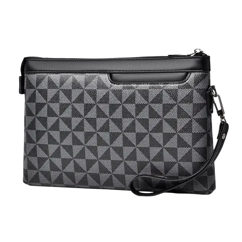 Men clutch bag in black and gray geometric pu leather with wrist strap and pocket interior for organized storage