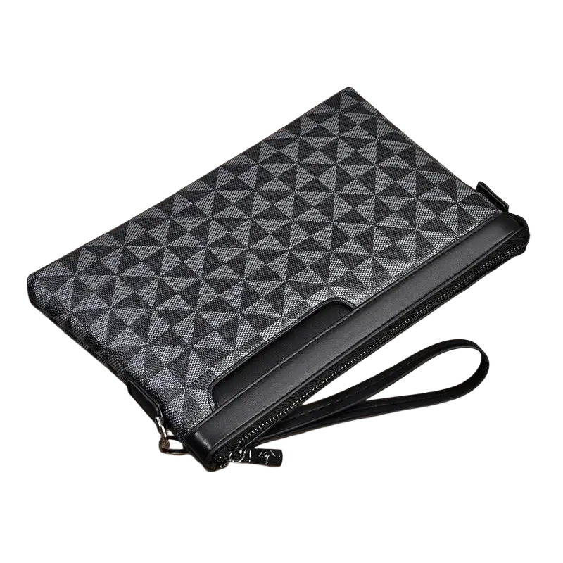 Black and gray geometric-patterned men clutch bag with pu leather wrist strap and practical pocket interior