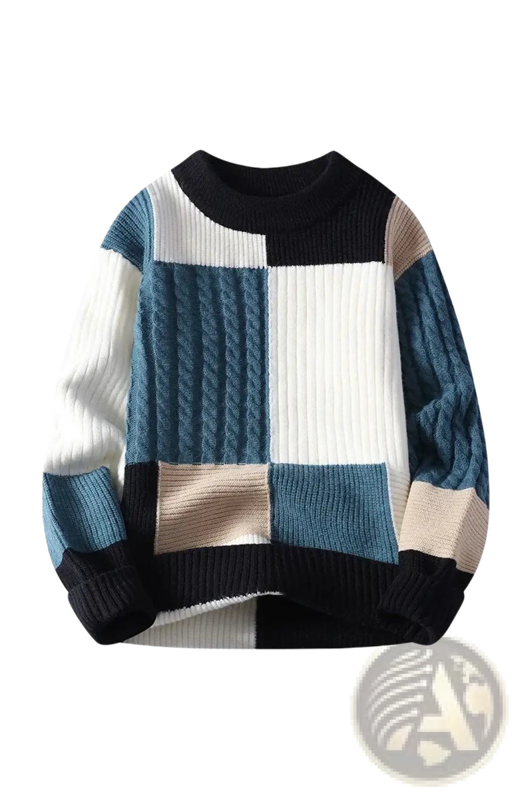 Men color blocked geometric knit sweater with chunky knit texture in navy blue cream white and beige with ribbed cuffs and neckline