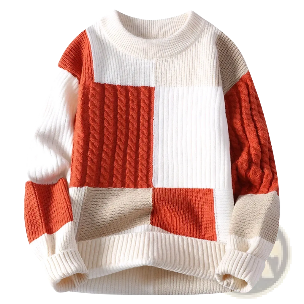 Men color blocked geometric knit sweater in cream white and burnt orange with textured cable knit long sleeves