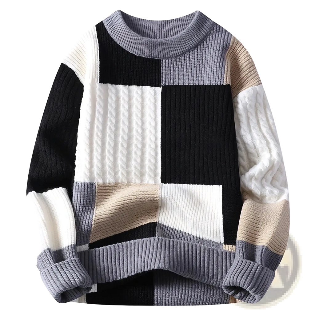 Men color blocked geometric knit sweater in chunky knit with bold black white gray and beige patterns and cable textures