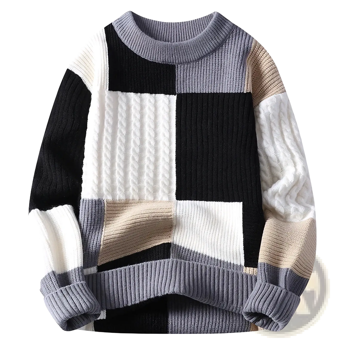 Men color blocked geometric knit sweater in chunky knit with bold black white gray and beige patterns and cable textures