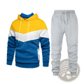 Men colorblock hoodie and jogger set featuring blue yellow and white color-blocked hoodie with drawstring hood and gray sweatpants