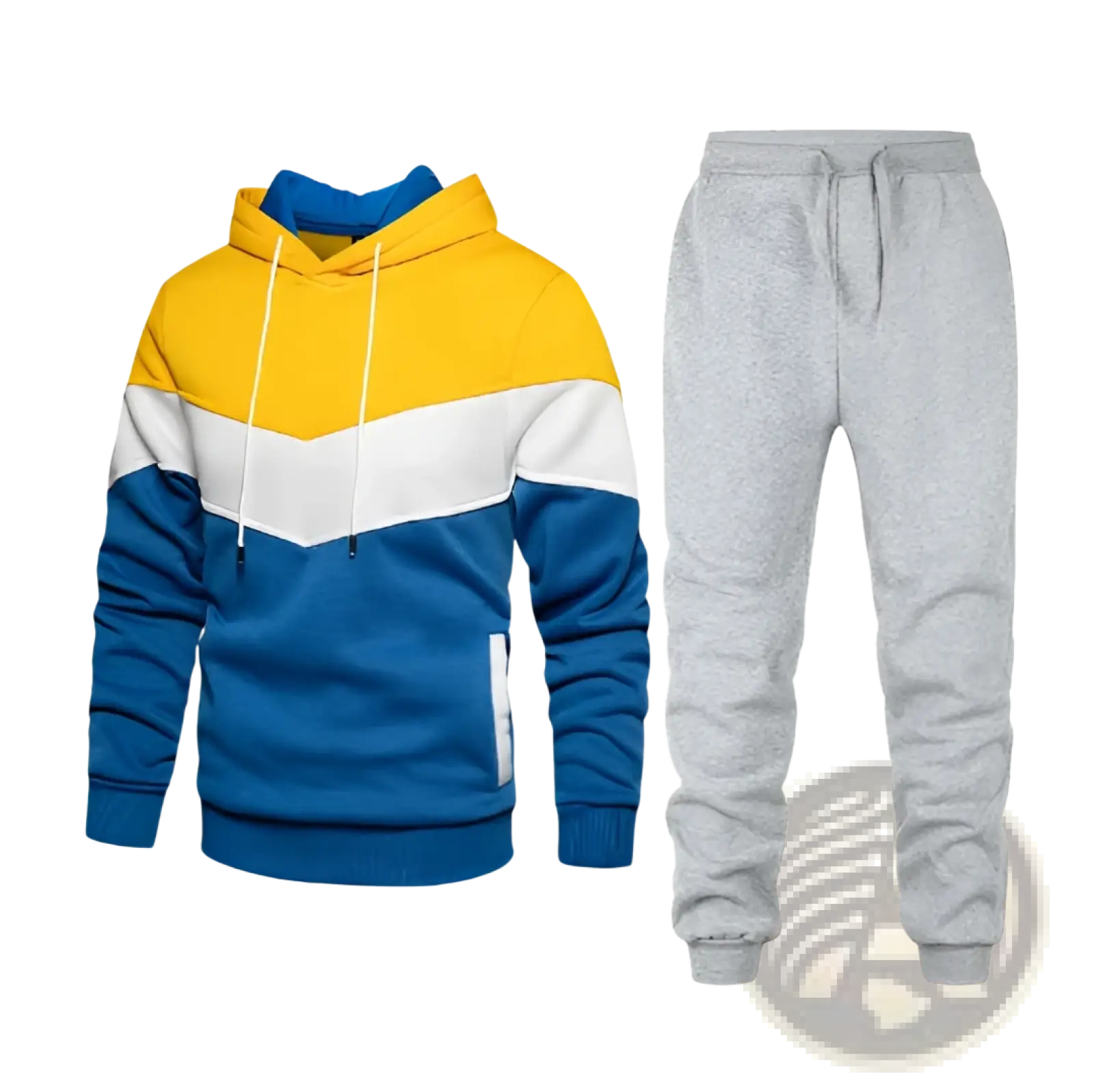 Men colorblock hoodie and jogger set featuring blue yellow and white color-blocked hoodie with drawstring hood and gray sweatpants