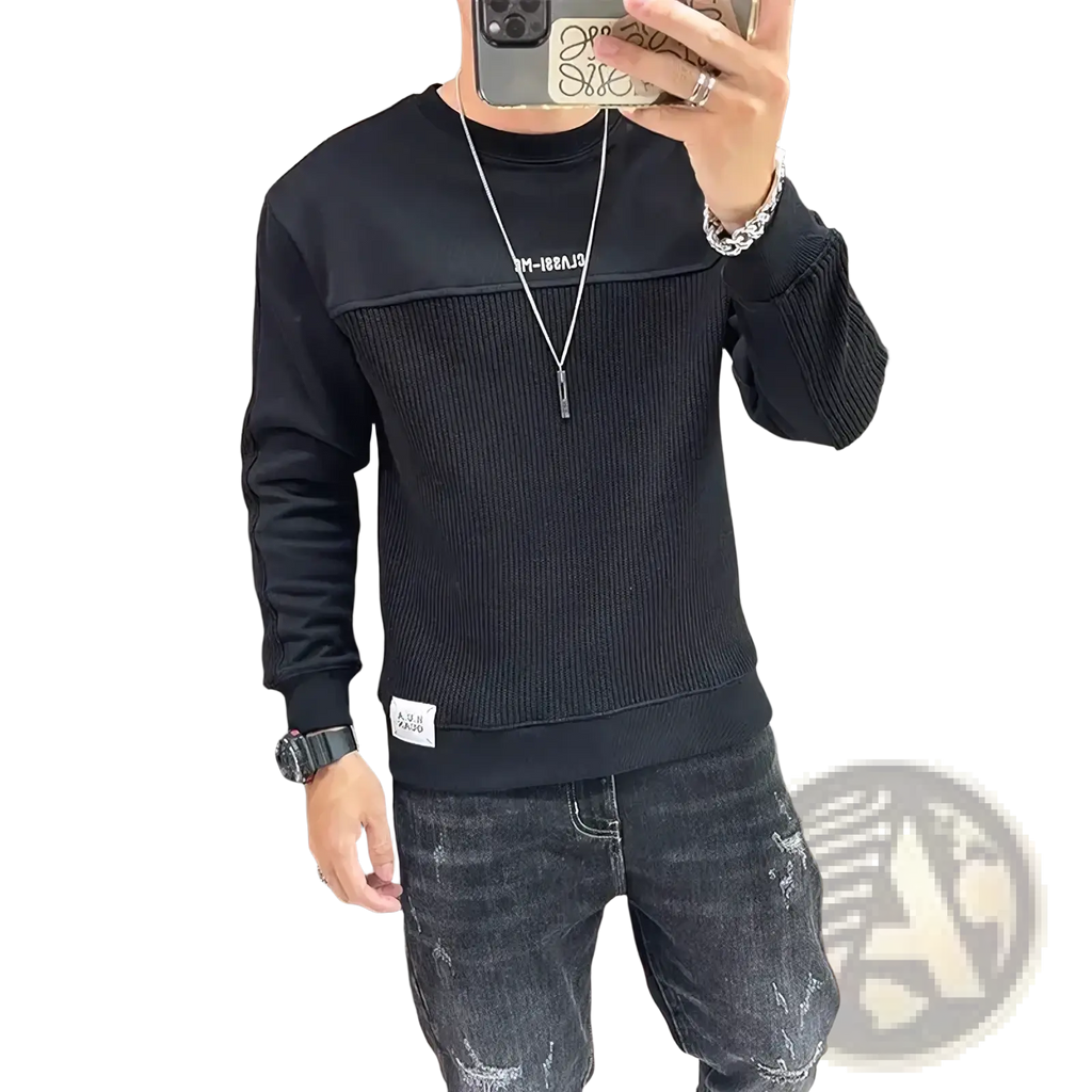 Men colorblocked knit sweater full sleeve pullover in black with ribbed chest panel and white text on upper left sleeve