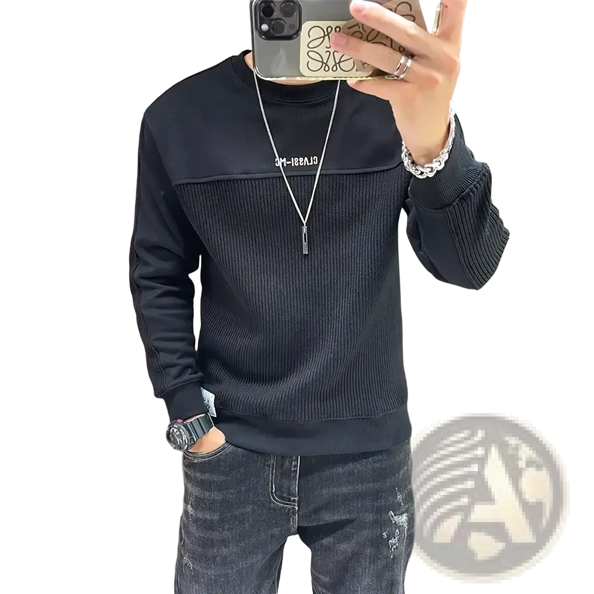 Men colorblocked knit sweater pullover in black ribbed knit with textured chest panel and white lettering on the left side