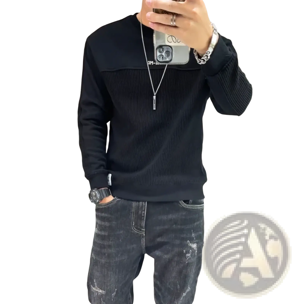 Men colorblocked knit sweater full sleeve pullover black ribbed knit with contrasting textured chest panel