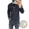 Men colorblocked knit sweater full sleeve pullover in black ribbed fabric with contrasting chest panel and white lettering