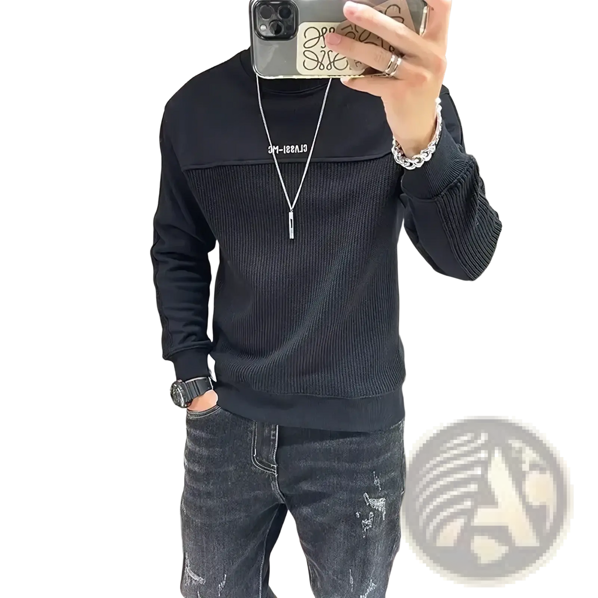 Men colorblocked knit sweater full sleeve pullover in black ribbed fabric with contrasting chest panel and white lettering