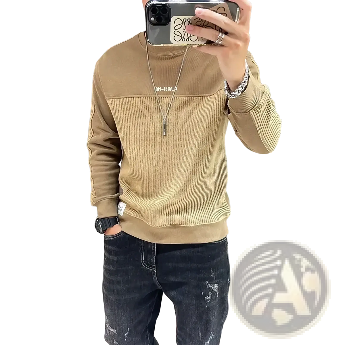 Men colorblocked knit sweater pullover in tan and beige with ribbed texture and full sleeves