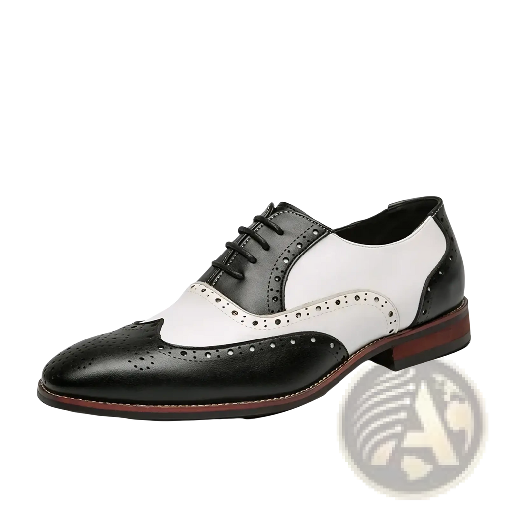 Men colorful leather brogue oxfords in black and white two-tone with perforated detailing and polished leather finish