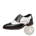 Men colorful leather brogue oxfords in black and white two-tone with perforated detailing and polished leather finish