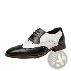 Men colorful leather brogue oxfords in black and white two-tone with perforated detailing and polished leather finish