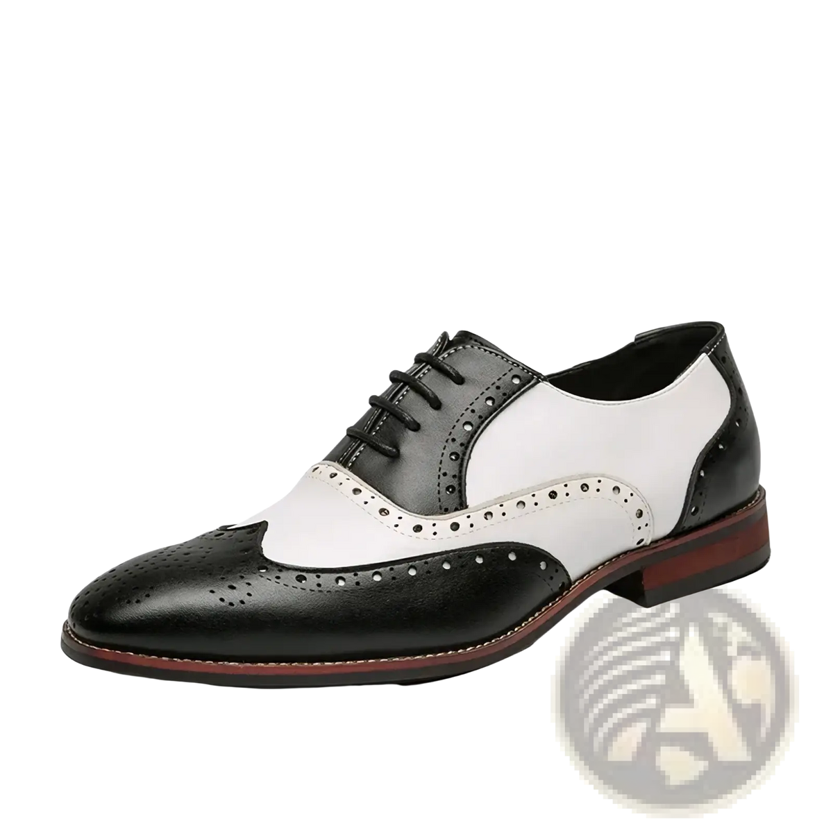 Men colorful leather brogue oxfords in black and white two-tone with perforated detailing and polished leather finish