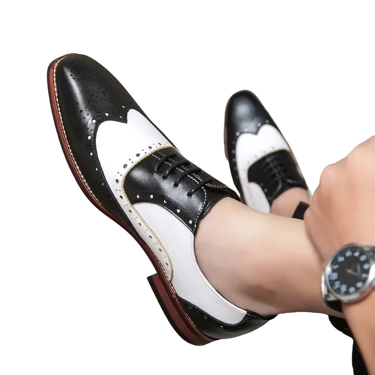 Men colorful leather brogue oxfords in black and white with perforated detailing and contrasting brown sole