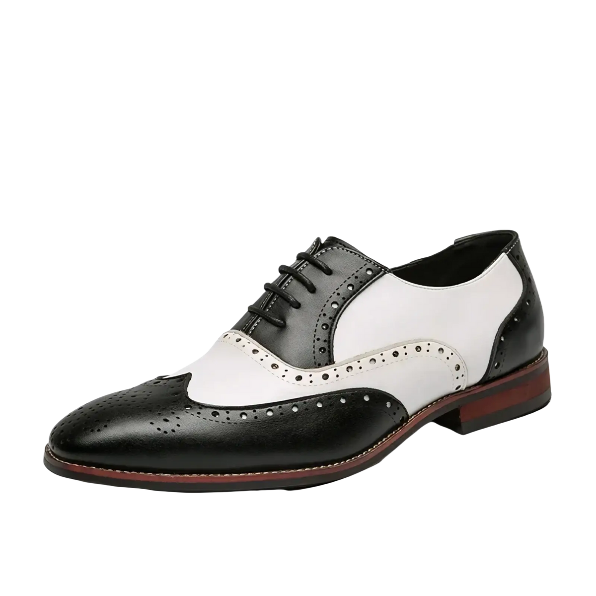 Men colorful leather brogue oxfords in black and white two-tone with perforated detailing and polished leather finish