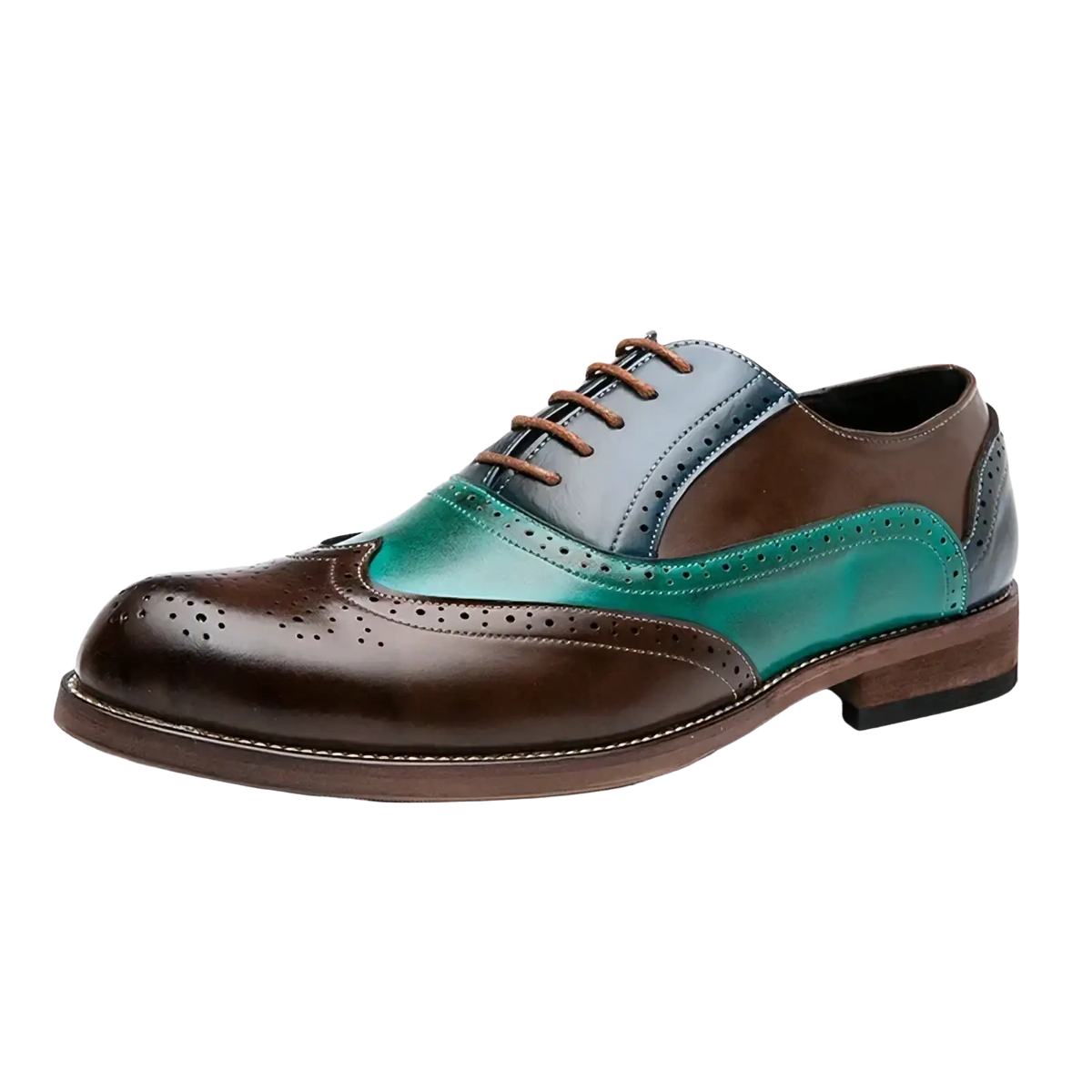 Men colorful leather brogue oxfords in brown and teal two-tone leather with perforated detailing