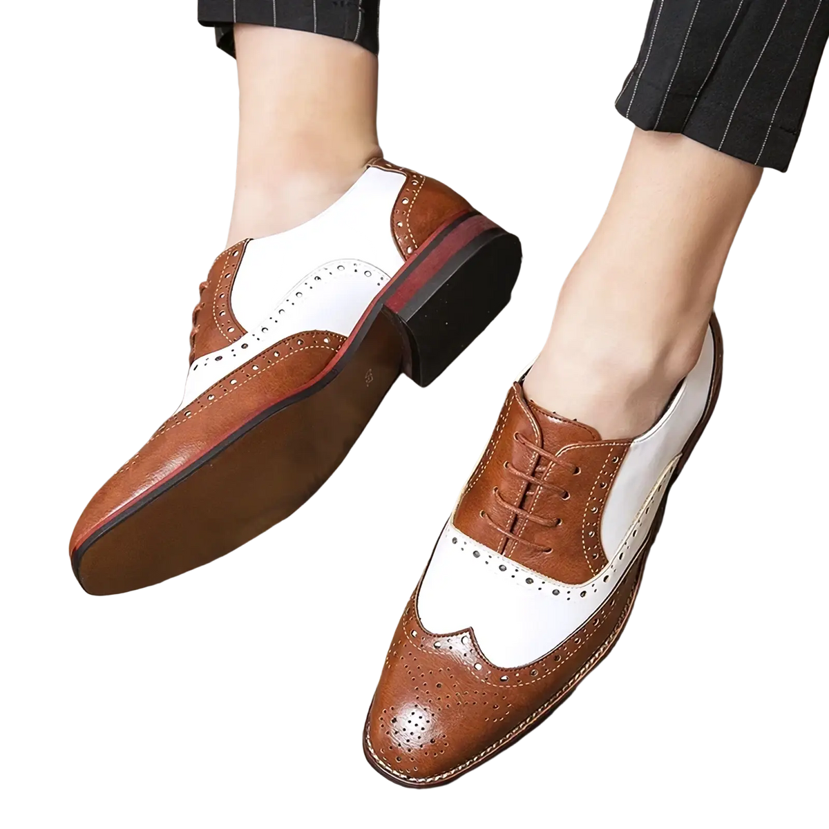 Men colorful leather brogue oxfords featuring brown and white two-tone design with perforated detailing