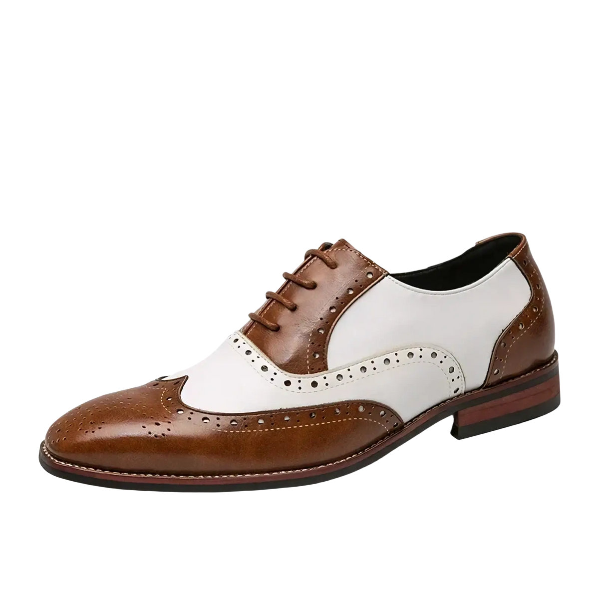 Men colorful leather brogue oxfords in brown and white two-tone leather with perforated detailing