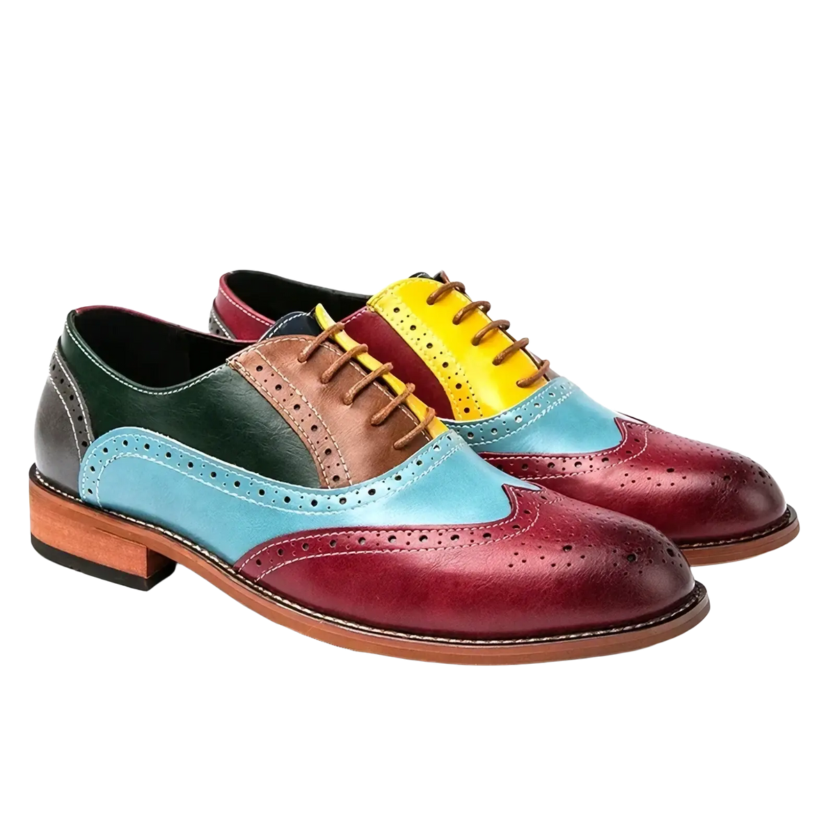 Men colorful leather brogue oxfords featuring multi-toned leather, polished finish, and contrasting laces