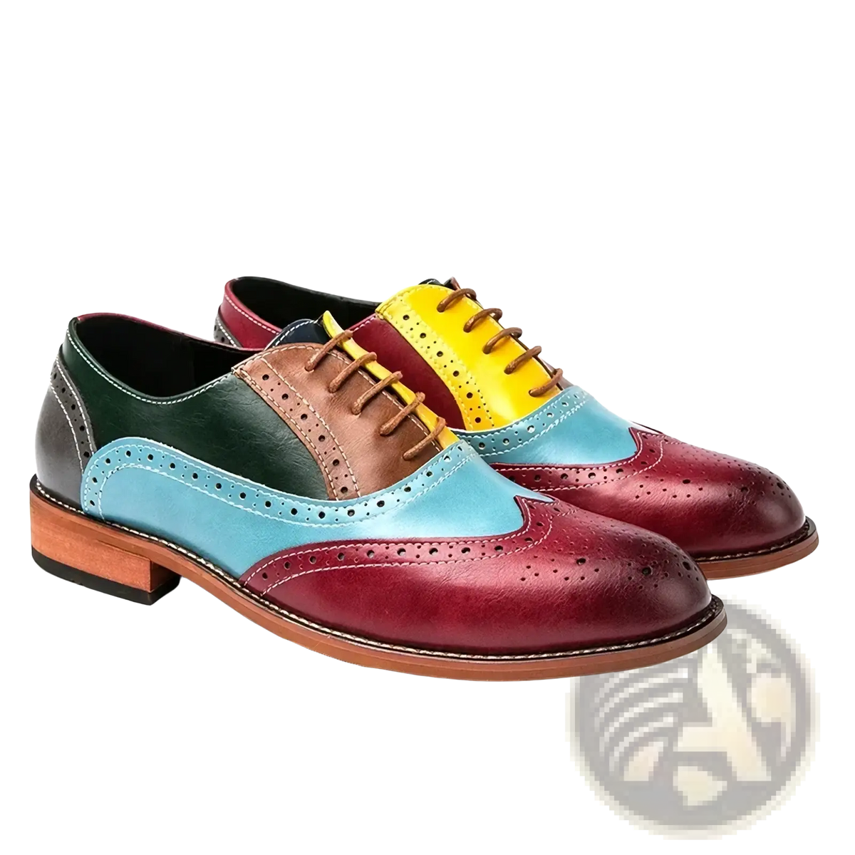 Men colorful leather brogue oxfords featuring multi-toned leather, polished finish, and contrasting laces