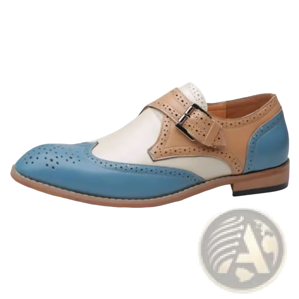 Men colorful leather brogue oxfords with blue toe cap cream midsection and tan accents on strap and heel