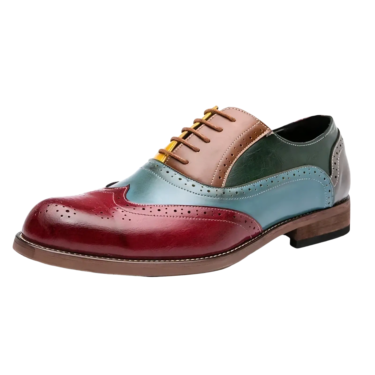 Men colorful leather brogue oxfords with glossy red toe teal and brown leather panels gold laces and perforated stitching