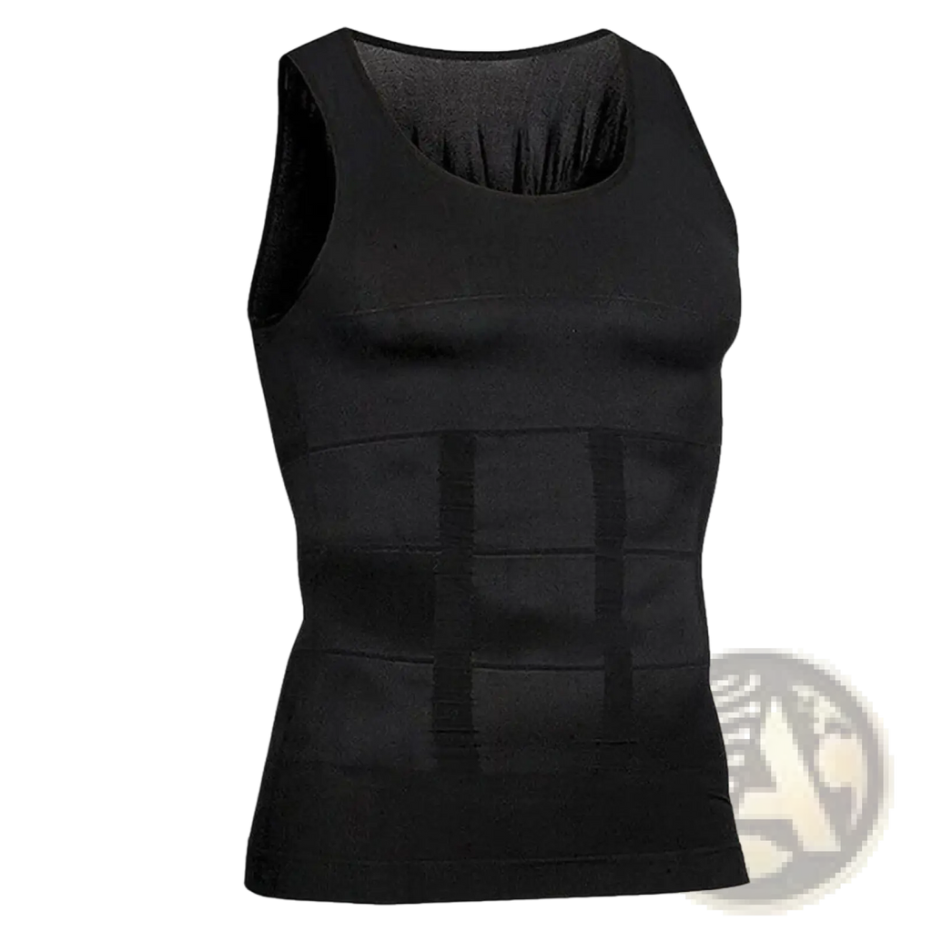 Men compression body shaper vest black ribbed tank top with segmented design mimicking defined abdominal muscles