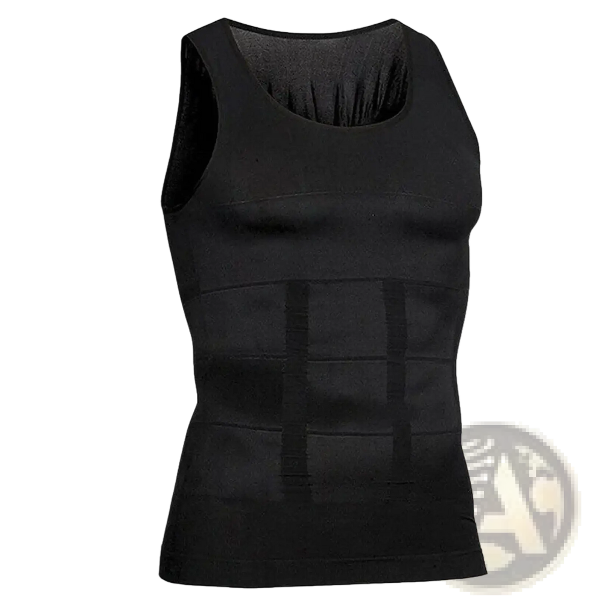 Men compression body shaper vest black ribbed tank top with segmented design mimicking defined abdominal muscles